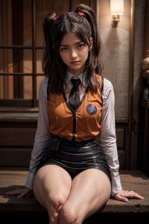   smile,   mature_woman, 27 years old, stern expression, frustrated, disappointed, flirty pose, sexy, looking at viewer, scenic view, Extremely Realistic, high resolution, masterpiece, 

aaruri, black necktie, orange vest, long sleeves, black skirt

