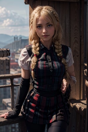   smile,   (mature_woman, 27 years old), stern expression, frustrated, disappointed, flirty pose, sexy, looking at viewer, scenic view, Extremely Realistic, high resolution, masterpiece, 

astridWaifu, (long hair, blonde, blue eyes, braid:1.2), 

 (wearing a white button down with a black vest and  black tights with a red and black plaid skirt:1.3)