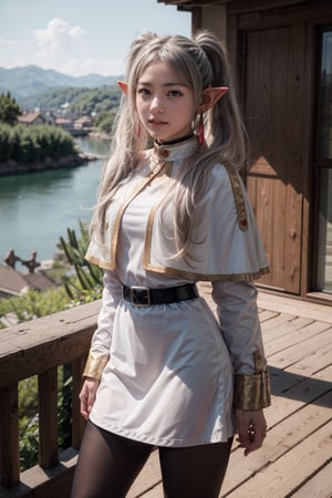   smile,   mature_woman, 27 years old, stern expression, frustrated, disappointed, flirty pose, sexy, looking at viewer, scenic view, Extremely Realistic, high resolution, masterpiece, 

aafrie, long hair, white hair, twintails, pointy ears, earrings, thick eyebrows, white capelet, striped shirt, long sleeves, belt, white skirt, black pantyhose

