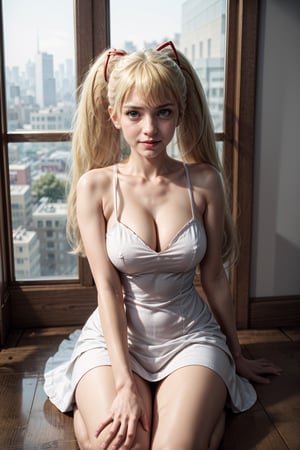   smile,   mature_woman, 27 years old, stern expression, frustrated, disappointed, flirty pose, sexy, looking at viewer, scenic view, Extremely Realistic, high resolution, masterpiece, 

TWINTAILS, TWIN DRILLS, Luna_MM, twin tails, drill hair, blonde, blond_hair, big hair, big red ribbon in hair, ,, long hair, braid, sun hat, white headwear, collarbone, sleeveless dress, white dress, cowboy shot, full body, 