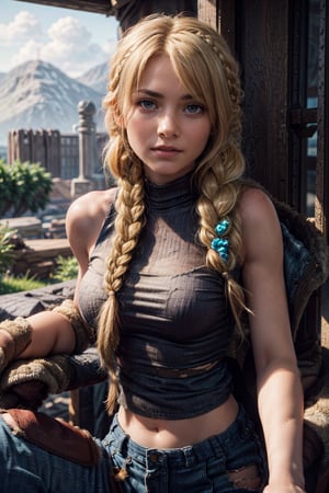   smile,   (mature_woman, 27 years old), stern expression, frustrated, disappointed, flirty pose, sexy, looking at viewer, scenic view, Extremely Realistic, high resolution, masterpiece, 

astridWaifu, (long hair, blonde, blue eyes, braid:1.2), 

 turtleneck sweater, sleeveless, midriff, torn leg-wear, jeans, 