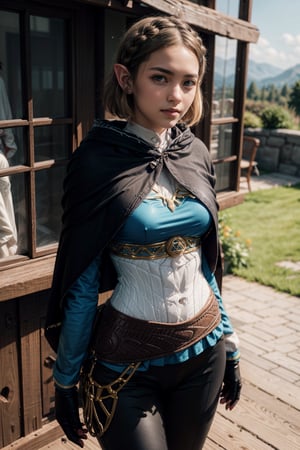   smile,   mature_woman, 27 years old, stern expression, frustrated, disappointed, flirty pose, sexy, looking at viewer, scenic view, Extremely Realistic, high resolution, masterpiece, 

aazelda, short hair, crown braid, hairclip, pointy ears, brown cape, blue shirt, puffy sleeves, long sleeves, fingerless gloves, black gloves, black pants, tight pants

