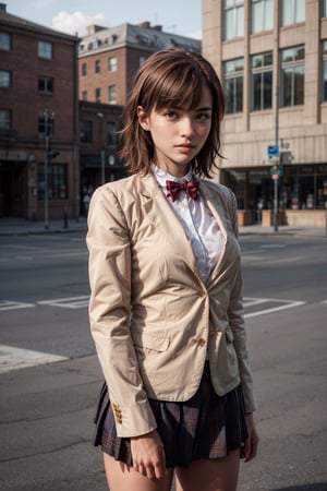   smile,   mature_woman, 27 years old, stern expression, frustrated, disappointed, flirty pose, sexy, looking at viewer, scenic view, Extremely Realistic, high resolution, masterpiece, 

aamikoto, short hair, hair flower, red bowtie, blazer, brown jacket, long sleeves, plaid skirt


