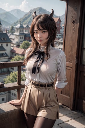   smile,   mature_woman, 27 years old, stern expression, frustrated, disappointed, flirty pose, sexy, looking at viewer, scenic view, Extremely Realistic, high resolution, masterpiece, 

aaganyu, long hair, low ponytail, ahoge, horns, red-framed eyewear, turtleneck, black bow, frills, black shirt, long sleeves, shirt tucked in, high-waist skirt, white skirt, pantyhose





, sweater vest,aaganyu