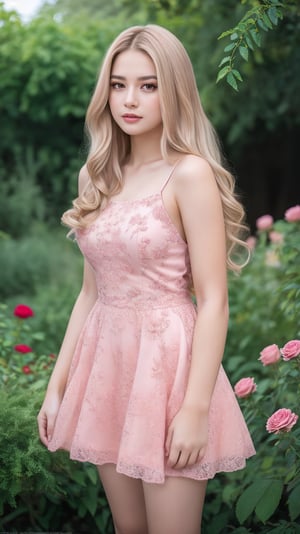 8k, RAW photo, Fujifilm, style photo of a beautiful young woman as avril in a garden of light pink roses (highly detailed skin: 1.2) Style-Petal BREAK short hair, blonde hair with colored locks, wearing a dress, film granulation, 35mm, cute style