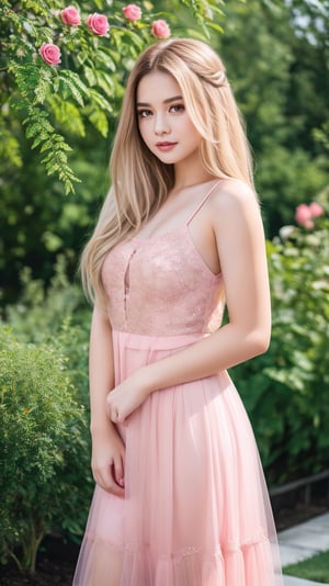 8k, RAW photo, Fujifilm, style photo of a beautiful young woman as avril in a garden of light pink roses (highly detailed skin: 1.2) Style-Petal BREAK short hair, blonde hair with colored locks, wearing a sheer dress, film granulation, 35mm, cute style