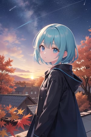 a young girls looks at the sunset sky from a roof, autumn, fall colors, leaves, trees, sky, with autumn colors and Prussian blue, cyan, ultramarine, fuchsia, purple, lots of stars