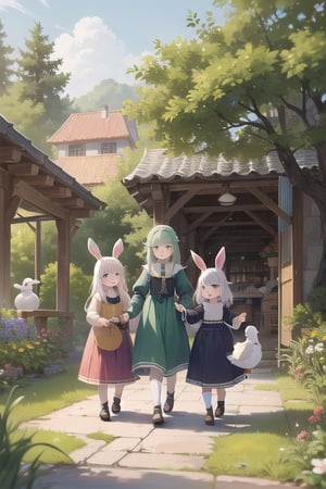 (high resolution: 1.2),Happy moment, medieval mother and 2 daughters, go shopping at village market, cheer, bunnies and duck, beautiful detailed eyes, lush green garden, long flowing hair, traditional medieval clothes, maedieval mar