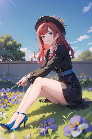 girl, (((red hairs))), (((blue colored eyes))),Light smile, Hat,(((Sitting))),Outdoors,(((clear blue skies))), ( ((Violas grow on the grass next door))) ,(((Anne Hathaway))) ,(((Expose the calves))) ,(((Wearing blue high heels))) starry night sky with a pair of trees and a field, infinite cosmos in the background, cosmic skies. by makoto shinkai, starry sky 8k, calm night. digital illustration, anime background art, anime wallpaper 4k, beautiful anime scene, starry sky,