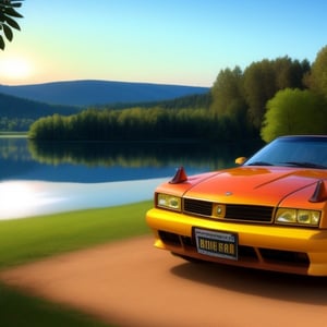 ((yellow car)), lake in the background.