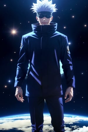 full body, focus straight_shota, Gojo Satoru, black jacket, blindfolded, Jujutsu kaisen, mix of fantasy and realism, special effects, fantasy, ultra hd, hdr, 4k, realhands, neutral smile face, perfect, outer space background, stars and galaxies