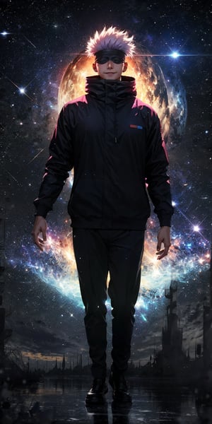 full body, Gojo Satoru, large_muscles, focus male, pink hoodie jacket, blindfolded, Jujutsu kaisen, mix of fantasy and realism, special effects, fantasy, ultra hd, hdr, 4k, realhands, neutral smile face, perfect, outer space background, stars and galaxies 