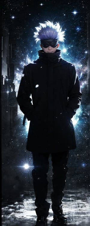 full body, focus straight_shota, Gojo Satoru, black jacket, blindfolded, Jujutsu kaisen, mix of fantasy and realism, special effects, fantasy, ultra hd, hdr, 4k, realhands, neutral smile face, perfect, outer space background, stars and galaxies