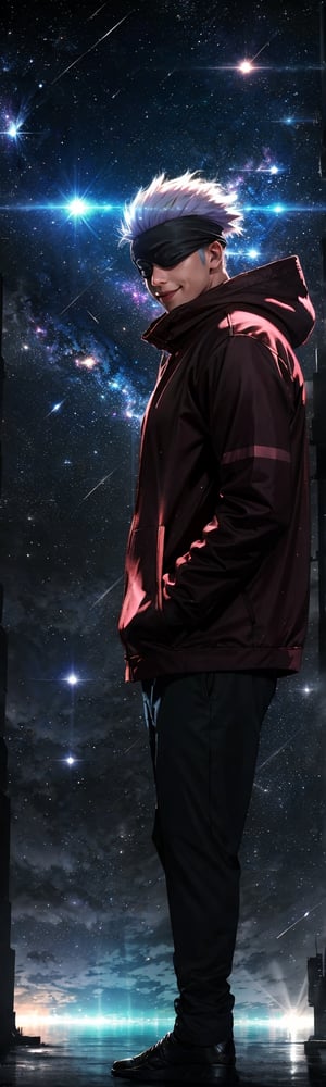 full body, Gojo Satoru, large_muscles, focus male, pink hoodie jacket, blindfolded, Jujutsu kaisen, mix of fantasy and realism, special effects, fantasy, ultra hd, hdr, 4k, realhands, neutral smile face, perfect, outer space background, stars and galaxies 
