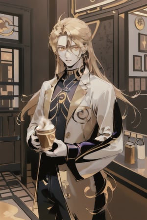 model like man  having amazing physics and have long hair like an anime hairstyle and drinking coffee at SYZ store show the store and also show the dark side of his by making an dark aura around hin and because he drinking coffee he can bring golden aaura around him,LatteArt,glowing gold