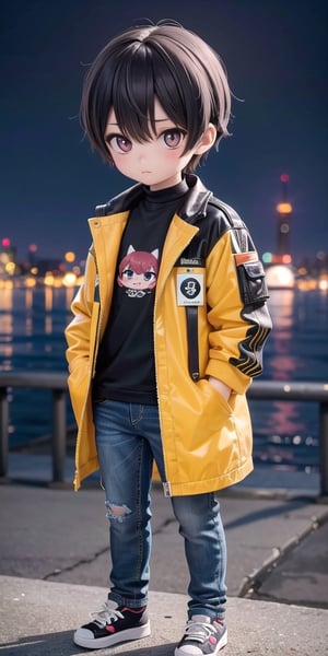 Cute chibi 1boy figure, stylish attire, Red long jacket, dark blue jeans, innocent, 4k, aesthetic, cityscape background, fhd,chibi 1boy,1boy