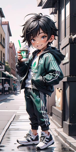  Masterpiece by master, Cute chibi 1boy figure, starbuks frappcinno coffee in hands, stylish attire, Red long jacket, dark blue jeans, Adidas Mid-top shoes ((Adidas Logo)), faux hawk hairstyle, smiling expression, innocent, 4k, aesthetic, street background, fhd,chibi 1boy,1boy,SAM YANG