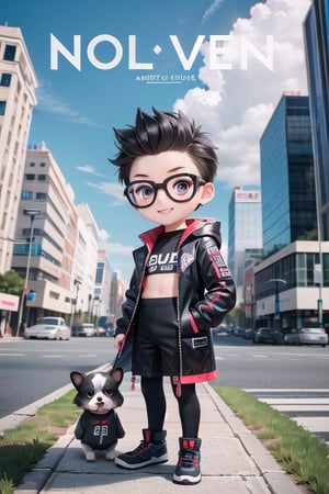 Disney Pixar style chibi boy in futuristic clothes in designer theme, with augmented reality glasses, messy faux hawk hair, smiling with shiny teeth, and a cute pet next to him. Include the text ((''TECH BOY'')) in bold italic Ubuntu font in the middle of the image, set against a cityscape background with natural ample light, rich texture, rich composition, focused, wide view, sharp focus on face & text, and detailed as a masterpiece, futuristic gadgets to the boy's coat,3dcharacter