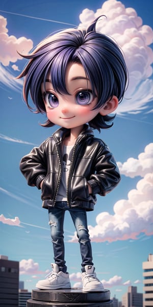  Masterpiece by master, looking_at_camera, :), smiling face, Cute chibi 1boy figure, stylish attire, Purple long jacket, dark blue jeans, faux hawk hairstyle, innocent, 4k, aesthetic, blue sky, natural light, daytime, clouds, city street background, fhd,chibi 1boy,1boy,one_boy,ONE_BOY,SAM YANG,3DMM,chibi, detailed_background 