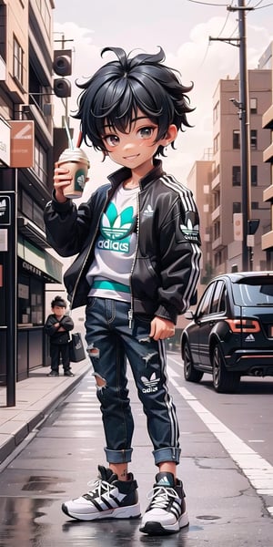  Masterpiece by master, Cute chibi 1boy figure, starbuks frappcinno coffee in hands, stylish attire, Red long jacket ((height:1.5)), dark blue jeans, Adidas Mid-top shoes ((Adidas Logo)), faux hawk hairstyle, smiling expression, innocent, 4k, aesthetic, street background, fhd,chibi 1boy,1boy,SAM YANG