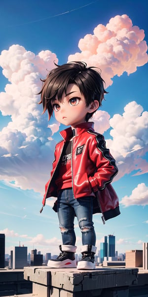  Masterpiece by master, Cute chibi 1boy figure, "SYNC" text on top((bold, futuristic font)), stylish attire, Red long jacket, dark blue jeans, faux hawk hairstyle, innocent, 4k, aesthetic, daytime, clouds, cityscape background, fhd,chibi 1boy,1boy,SAM YANG