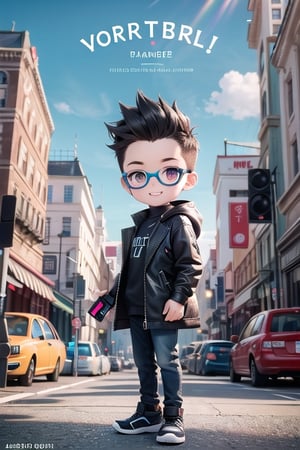 Disney Pixar style chibi boy in futuristic clothes in designer theme, with augmented reality glasses, messy faux hawk hair, smiling with shiny teeth, and a cute pet next to him. Include the text 'TECH BOY' in bold italic Ubuntu font in the middle of the image, set against a cityscape background with natural ample light, rich texture, rich composition, focused, wide view, sharp focus on face & text, and detailed as a masterpiece, futuristic gadgets to the boy's coat,3dcharacter