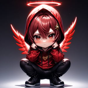 chibi, sd, masterpiece, made by a master, 4k, perfect anatomy, perfect details, best quality, high quality, lots of detail.
(solo),1boy, ((angelboy)), ((reddish hair)), faux hawk hair, (two side up), brown eyes,  (faux hawk hair:1.2), (wavy hair), (hair curls), (two side up), two ((blue)) hair ties on head, (Double golden halo on hid head), choker, ((angel wings)), ahoge, (((0_<1.2))) , (Red long sleeve hooded top), Black long pants, black socks, single, looking at viewer, (dabbing pose:1.2), (full body) ,Emote Chibi. cute comic,simple background, flat color, Cute 1boy,dal,Chibi Style,lineart,