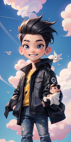  Masterpiece by master, looking_at_camera, :), smiling face, Cute chibi 1boy figure, stylish attire, black long jacket, dark blue jeans, faux hawk hairstyle, innocent, 4k, aesthetic, daytime, clouds, city street background, fhd,chibi 1boy,1boy,one_boy,ONE_BOY,SAM YANG,3DMM,chibi, detailed_background 