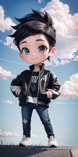  Masterpiece by master, looking_at_camera, :), smiling face, Cute chibi 1boy figure, stylish attire, black long jacket, dark blue jeans, faux hawk hairstyle, innocent, 4k, aesthetic, blue sky, natural light, daytime, clouds, city street background, fhd,chibi 1boy,1boy,one_boy,ONE_BOY,SAM YANG,3DMM,chibi, detailed_background 