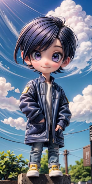  Masterpiece by master, 22 y/o, fit body, looking_at_camera, :), smiling face, Cute chibi 1boy figure, stylish attire, Purple Long Jacket, dark blue jeans, faux hawk hairstyle, innocent, 4k, aesthetic, blue sky, natural light, daytime, clouds, Tokyo city street background, fhd,chibi 1boy,1boy,one_boy,ONE_BOY,SAM YANG,3DMM,chibi, detailed_background 