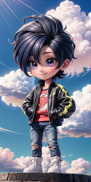 Masterpiece by master, 22 y/o, fit body, looking_at_camera, :), smiling face, Cute chibi 1boy figure, stylish attire, Purple Long Jacket, dark blue jeans, faux hawk hairstyle ((black)), innocent, 4k, aesthetic, blue sky, natural light, daytime, clouds, Tokyo city street background, fhd,chibi 1boy,1boy,one_boy,ONE_BOY,SAM YANG,3DMM,chibi, detailed_background 
