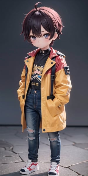  Masterpiece by master, Cute chibi 1boy figure, stylish attire, Red long jacket, dark blue jeans, faux hawk hairstyle, innocent, 4k, aesthetic, cityscape background, fhd,chibi 1boy,1boy