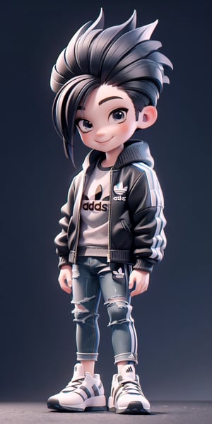  Masterpiece by master, Cute chibi 1boy figure, stylish attire, Red long jacket ((height:1.5)), dark blue jeans, Adidas Mid-top shoes ((Adidas Logo)), faux hawk hairstyle, smiling expression, innocent, 4k, aesthetic, street background, fhd,chibi 1boy,1boy,SAM YANG,3dcharacter,chibi
