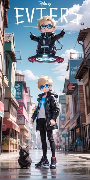 Disney Pixar style chibi boy in futuristic clothes in designer theme, with augmented reality glasses, messy faux hawk hair, smiling with shiny teeth, and a cute pet next to him. Include the text 'TECH BOY' in bold italic Ubuntu font in the middle of the image, set against a cityscape background with natural ample light, rich texture, rich composition, focused, wide view, sharp focus on face & text, and detailed as a masterpiece, futuristic gadgets to the boy's coat