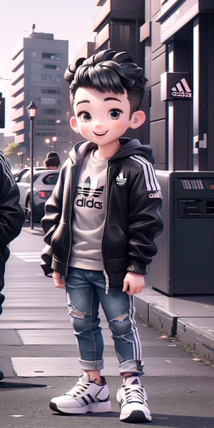  Masterpiece by master, Cute chibi 1boy figure, starbuks frappcinno coffee in hands, stylish attire, Red long jacket ((height:1.5)), dark blue jeans, Adidas Mid-top shoes ((Adidas Logo)), faux hawk hairstyle, smiling expression, innocent, 4k, aesthetic, street background, fhd,chibi 1boy,1boy,SAM YANG,3dcharacter