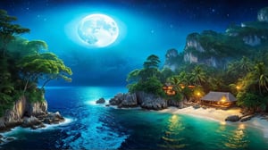 bird's eye view , tropical coastline landscape with ancient ruins in jungles, gold opal medalion shimmering with colors,((( fantasy world ))) ,((( tropical night , full moon ))) ,elven pirate sailboat in the bay ,  highly detailed, high resolution, raytraced reflections, dramatic lighting. 8k vibrant colors, neon ambiance, abstract black oil, detailed acrylic, grunge, intricate complexity, photorealistic, Makoto Shinkai Peter Kemp Mucha, kids story style, watercolor style, , watercolor style, perfect composition, beautiful detailed intricate insanely detailed octane render trending on artstation, 8 k ,artistic photography, photorealistic concept art, soft natural volumetric cinematic perfect moon light, chiaroscuro, award winning photograph, masterpiece, watercolor style, High Detail, dramatic, High Detail, dramatic ( very detailed background, detailed face, detailed complex busy background : 0.8 ) ,   (style of Ivan Aivazovsky:0.6), realistic, detailed, textured, skin, hair, eyes, by Alex Huguet, Mike Hill, Ian Spriggs, JaeCheol Park, Marek Denko, scenic , natural , majestic , by Ansel Adams , Galen Rowell , David Muench, Frans Lanting, Peter Lik
,more detail XL, ((style of Ivan Aivazovsky)),Landskaper