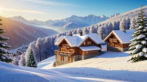 Could you please create a photorealistic illustration of an idyllic landscape from a sunny hill in winter, snowy mountains, trees, wooden cottages with a chimney, detailed background, morning sunshine, highly detailed, peaceful moment, masterpiece, ,more detail XL
