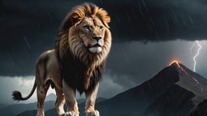  An aggressive, enraged, Dark lion,angry eyes, raining atmosphere 
 standing on the mountain ,angry eyes, 8k, uhd, dslr, realistic, award winning photo, cinematic lighting,  full body
, dark black background and thunder and rain,dark  ,Movie Poster,MoviePosterAF   , midjourney style art,dark background. highly detailed, sharp focus.8k,photography style,close shot, cinematic lighting   , cinematic lighting 
