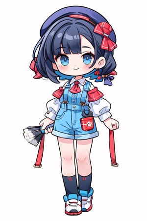 1girls, smiling, artist, a red beret, black hair, a blue suspender with paint, and a brush, holding a tin of paint, chibi characters, best quality, ((full body)), a simple monochromatic background