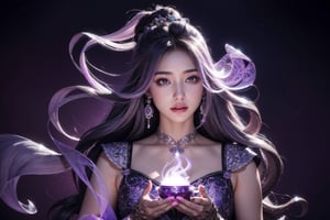 A silver magic lamp with exquisite carvings emits colorful smoke upwards, the smoke forms a colorful flowing silhouette of a long-haired woman wearing a beautiful dress, purple dark background, brigh lightening and contrast color, ultra realistis super hd 64k