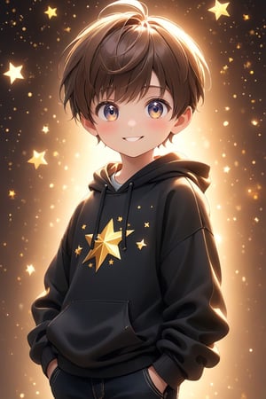 best quality, masterpiece, beautiful and aesthetic, vibrant color, Exquisite details and textures,  Warm tone, ultra realistic illustration,	(cute European Boy, 9year old:1.5),	(Starlight theme:1.4),	cute eyes, big eyes,	(a beautiful smile:1.5),	cinematic lighting, ambient lighting, sidelighting, cinematic shot,	siena natural ratio, children's body, anime style, 	(random view:1.4), (random poses:1.4), 	dark brown ponytail hairstyle with blunt bangs, 	hoodie, a black jeans, 	ultra hd, realistic, vivid colors, highly detailed, UHD drawing, perfect composition, beautiful detailed intricate insanely detailed octane render trending on artstation, 8k artistic photography, photorealistic concept art, soft natural volumetric cinematic perfect light. 