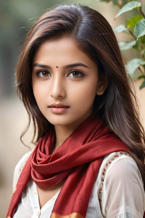 a young woman, cute, 21 years old,indian girl, staring into space, brown hair, brown eyes, red scarf, realistic, realistic skin texture,Indian Model