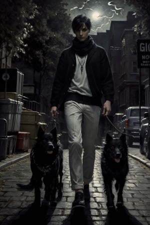 (master piece),(4k),(great artist),1 dark lord with short black hair, 30 years old, wearing a black jumper and a white shirt,  light-coloured neck scarf, walking down a metropolis street at night, leading 2 ((ghostly infernal dogs)) on a leash, look at the camera indifferently, book illustration, mysterious atmosphere, dramatic lighting, low key