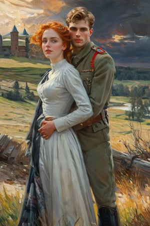 ultra detailed colored illustration full body portrait of A beautiful woman with long, flowing red hair appears behind the young handsome Russian soldier with neat style as love couple. She wraps her arms around him, burying her face in his back., the precision of John Singer Sargent highlights the woman's features,  light and shadow adds enigmatic depth, background A: A swirling dreamscape with melting clocks and distorted landscapes, extremely detailed, masterpiece, stunning illustration, open eyes, A unique blend of art styles,digital painting