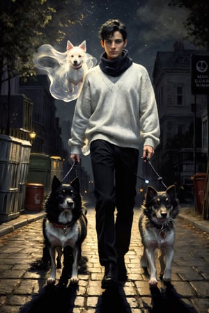 (master piece),(4k),(great artist),1 dark lord with short black hair, 30 years old, wearing a black jumper and a white shirt,  light-coloured neck scarf, walking down a metropolis street at night, leading 2 ((ghostly dogs)) on a leash, look at the camera indifferently, book illustration, dramatic lighting, low key