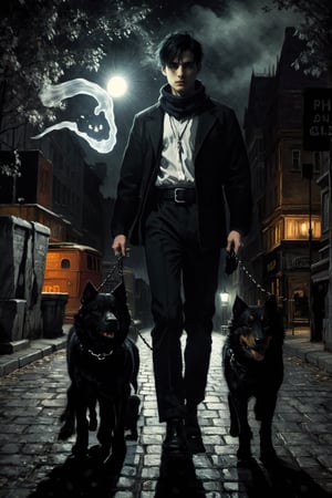 (master piece),(4k),(great artist),1 dark lord with short black hair, 30 years old, wearing a black jumper and a white shirt,  light-coloured neck scarf, walking down a metropolis street at night, leading 2 ((ghostly infernal dogs)) on a leash, look at the camera indifferently,dark fantasy, book illustration, mysterious dark city atmosphere, dramatic lighting