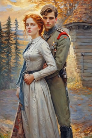 ultra detailed colored illustration full body portrait of A beautiful woman with long, flowing red hair appears behind the young handsome German soldier with neat style as love couple. She wraps her arms around him, burying her face in his back., the precision of John Singer Sargent highlights the woman's features, while Leonardo da Vinci's play of light and shadow adds enigmatic depth, background A: A swirling dreamscape with melting clocks and distorted landscapes, extremely detailed, masterpiece, stunning illustration, open eyes, A unique blend of art styles,digital painting