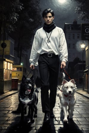 (master piece),(4k),(great artist),1 dark lord with short black hair, 40 years old, wearing a black jumper and a white shirt,  light-coloured neck scarf, walking down a metropolis street at night, leading 2 ((ghostly dogs)) on a leash, look at the camera indifferently, book illustration, dramatic lighting, low key