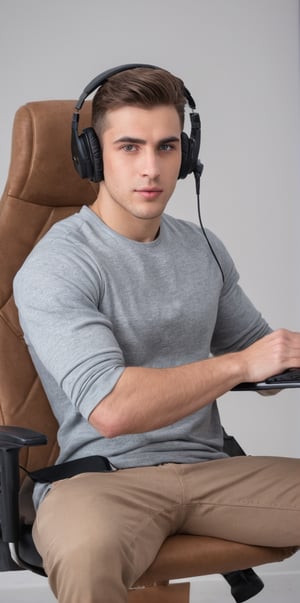 Imagine the following scene. A handsome man sitting in a computer chair, a gamer chair.

The man is beautiful, Arab, 20 years old, very muscular, very masculine. Very light blue eyes, big and bright eyes, full and sensual lips, long eyelashes, light brown hair, short hair.

The man is sitting in a computer gamer's chair, a very wide and comfortable chair, in front of him he has a computer. One of his hands is on the computer mouse.

Wear casual and sports clothing. He has computer headphones over his ears.

The image is taken from afar, you can see the man in the center of the image and the details of the scene.