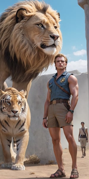 imagine the following scene

On the African plain, a beautiful plain, during the day. An inclement sun.

In the center of the image, a beautiful man stands next to a large lion to his right and a tiger to his left.

The lion and tiger are beautiful, very detailed.

The man is Latino, blonde hair, very muscular, very large and bright blue eyes, long eyelashes, full and pink lips.

The man wears an explorer's uniform. Wear leather sandals.

The shot is wide to see the details of the scene.